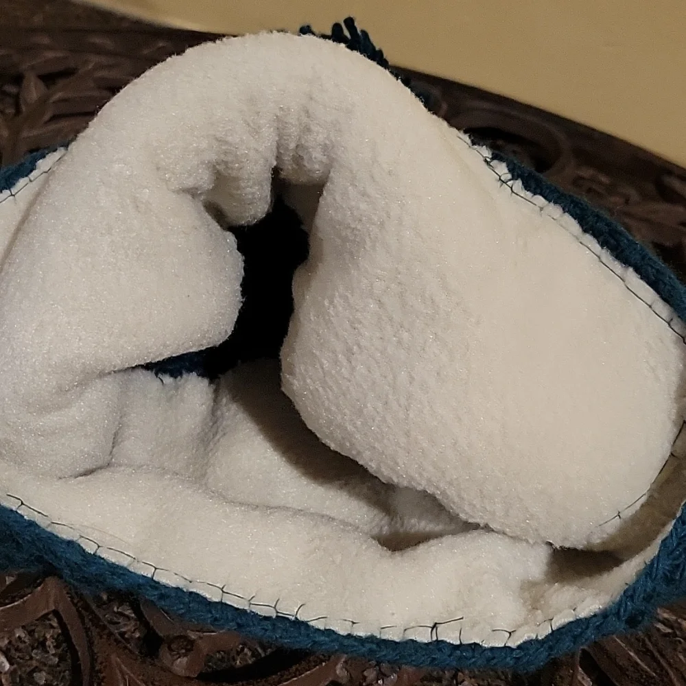 Handmade pom-pom hat beanie with fleece lining at ears crochet